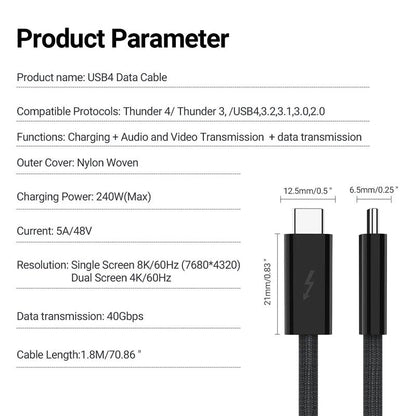 Thunderbolt USB Type C Connector Cool Running Thunderbolt4 Cable