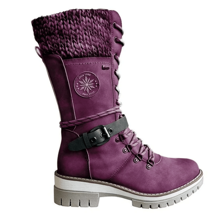 Women Buckle Lace Knitted Mid-calf Boots