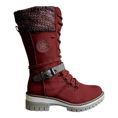 Women Buckle Lace Knitted Mid-calf Boots