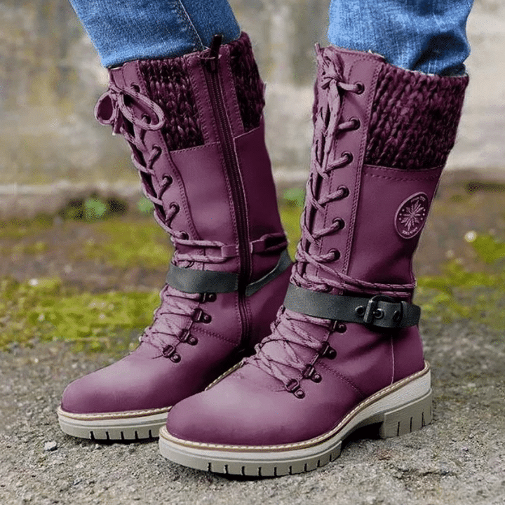 Women Buckle Lace Knitted Mid-calf Boots