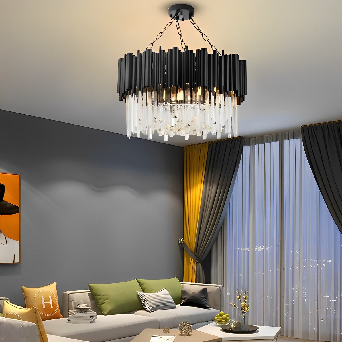 Circular Clear Crystal Metal Black Modern Chandelier Pendant Lamp