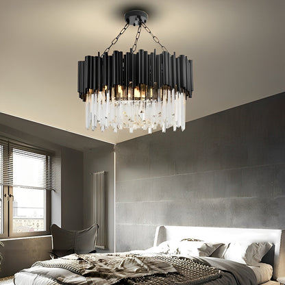 Circular Clear Crystal Metal Black Modern Chandelier Pendant Lamp