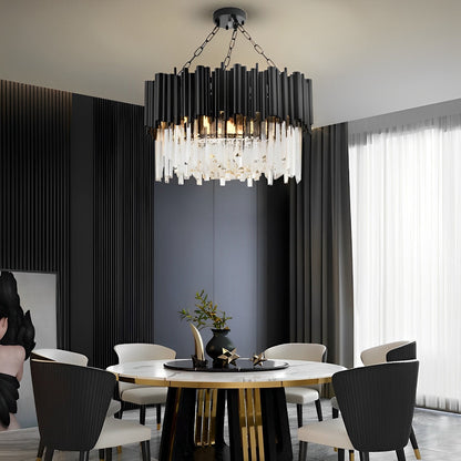 Circular Clear Crystal Metal Black Modern Chandelier Pendant Lamp