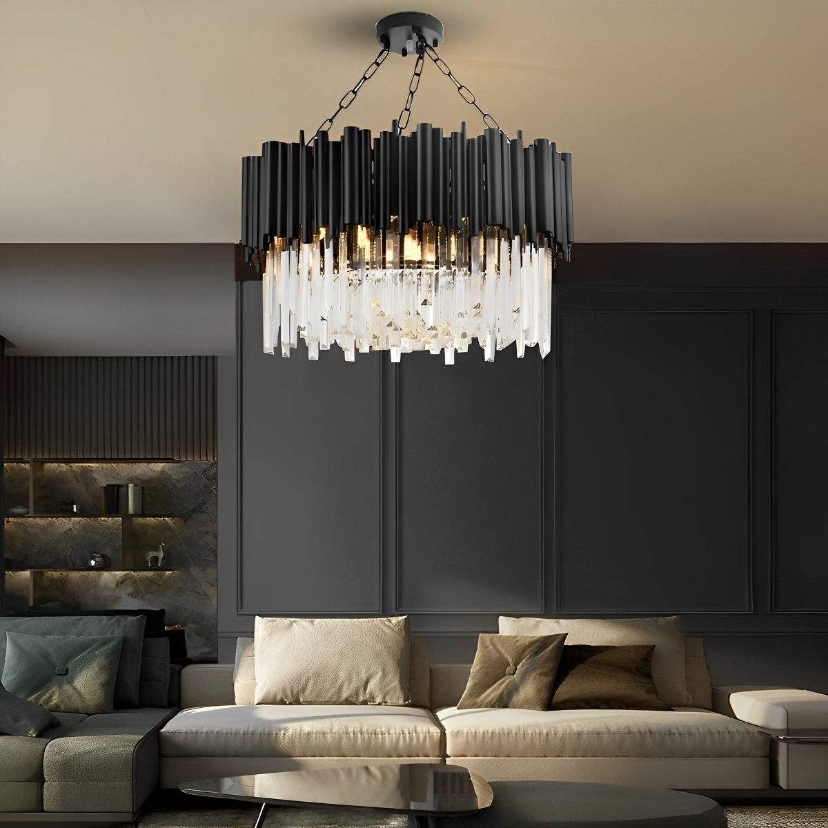 Circular Clear Crystal Metal Black Modern Chandelier Pendant Lamp