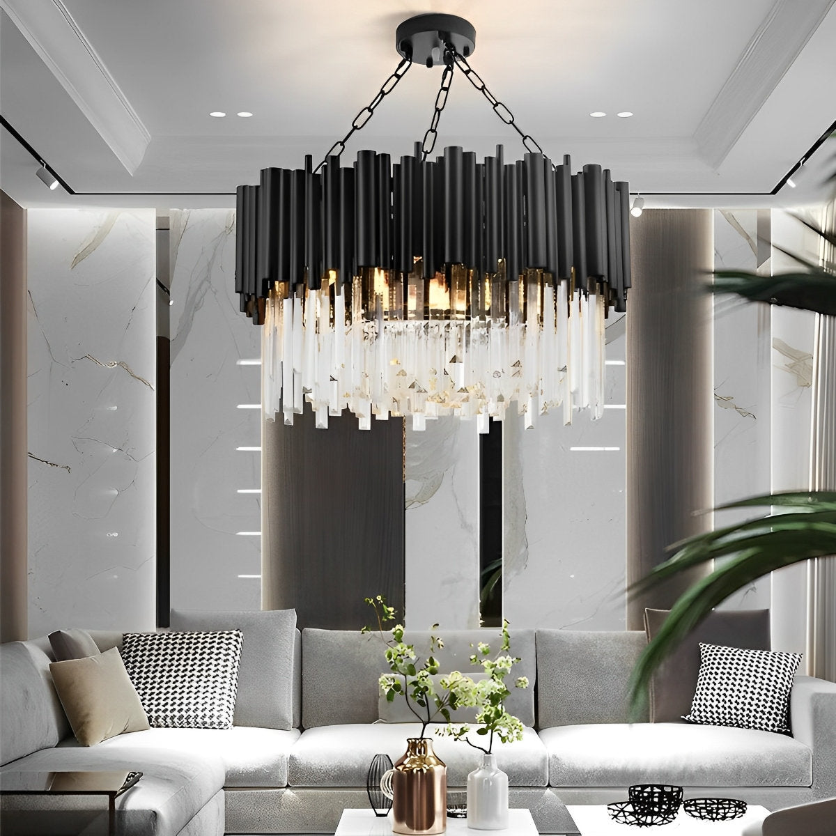 Circular Clear Crystal Metal Black Modern Chandelier Pendant Lamp