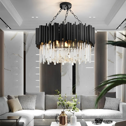 Circular Clear Crystal Metal Black Modern Chandelier Pendant Lamp