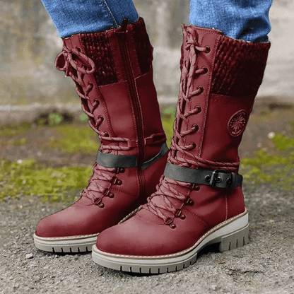 Women Buckle Lace Knitted Mid-calf Boots