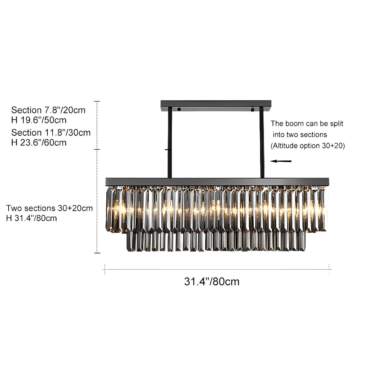 Rectangular Crystal LED 3-Step Dimming Smoke Gray Modern Chandelier