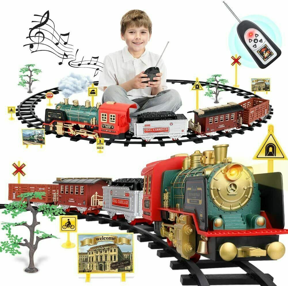 Remote Control Vintage Classic RC Train Toy Set with Real Smoke, Lights, Sound