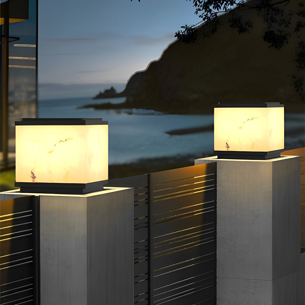 Square Cube Marbled LED Waterproof Modern Solar Fence Post Lights